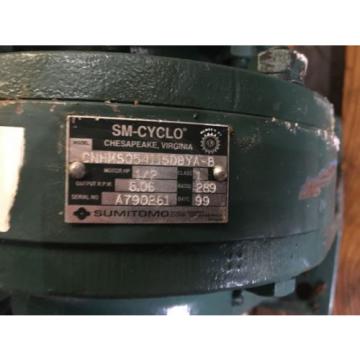 SUMITOMO SM CYCLO GEAR MOTOR, RATIO 289, WITH MOTOR, 1/2 HP, 1740 RPM , USED