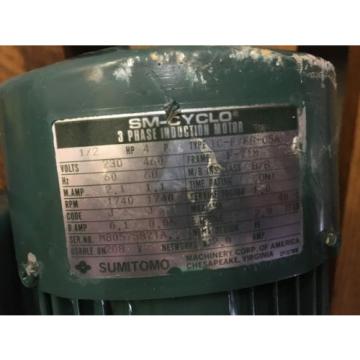 SUMITOMO SM CYCLO GEAR MOTOR, RATIO 289, WITH MOTOR, 1/2 HP, 1740 RPM , USED