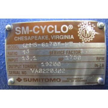 SUMITOMO CHHS-6170Y-R2-43 SM-CYCLO 43:1 RATIO SPEED REDUCER GEARBOX REBUILT