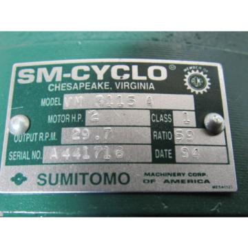 SUMITOMO VM 3115A 2 HP SM-CYCLO Gearmotor 297 RPM Output 59:1 230/460V